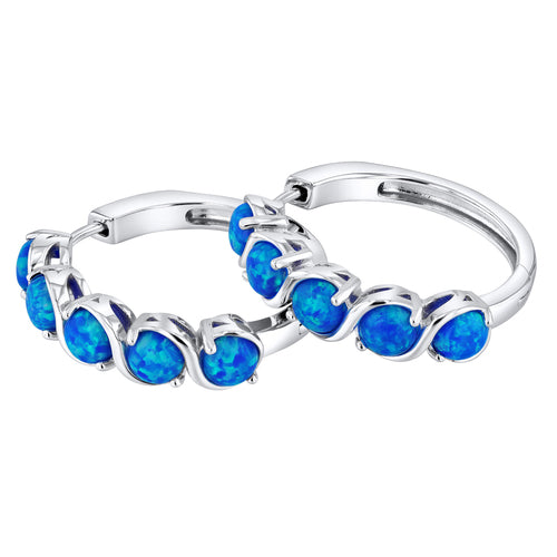 Sterling Silver Azure Blue Opal Hinged Hoop Earrings