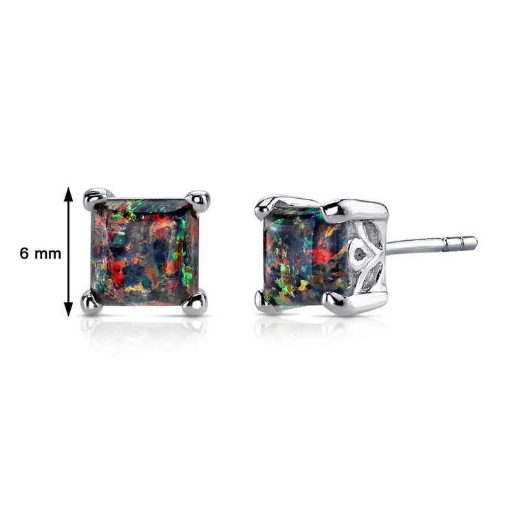 Sterling Silver Blazing Black Opal Square Scroll Stud Earrings