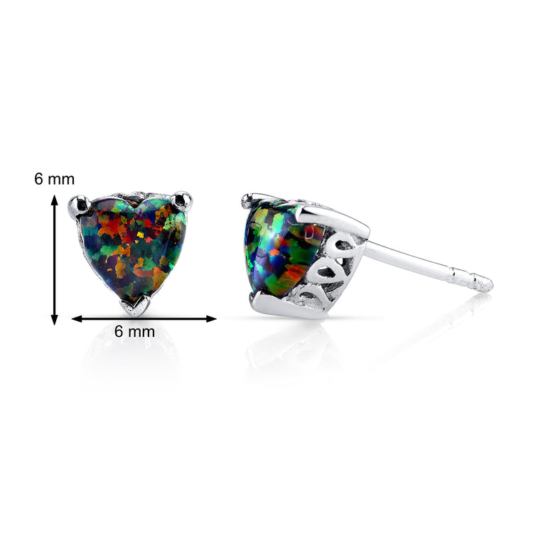 Sterling Silver Blazing Black Opal Heart Scroll Stud Earrings