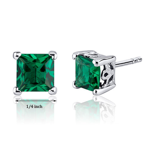 Sterling Silver Emerald Princess Cut Scroll Stud Earrings