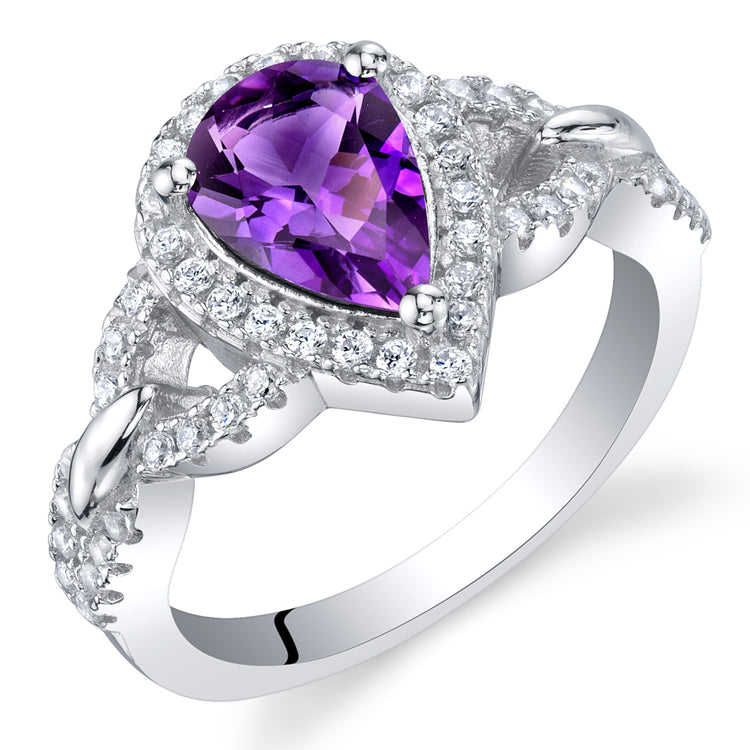 Sterling Silver Pear Shape Genuine Amethyst Halo Ring