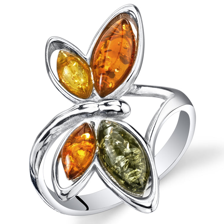 Sterling Silver Multi-Color Baltic Amber Butterfly Ring