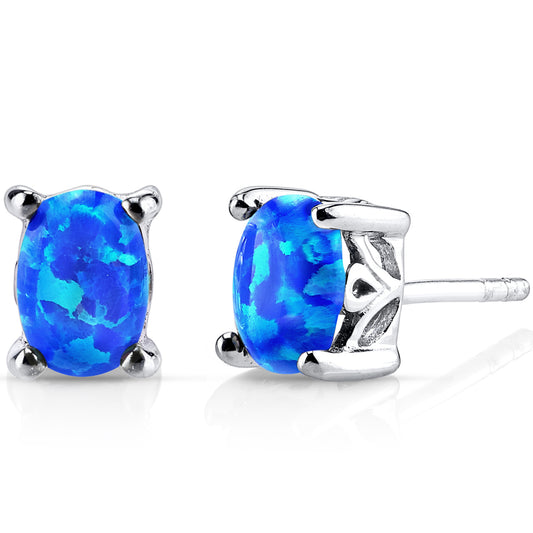 Sterling Silver Azure Blue Oval Opal Scroll Stud Earrings