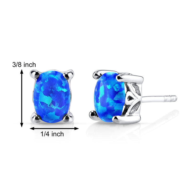 Sterling Silver Azure Blue Oval Opal Scroll Stud Earrings
