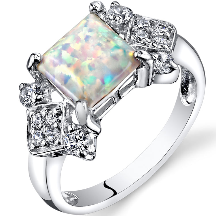 Sterling Silver Princess Cut White Opal Ring