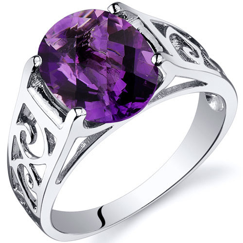 Sterling Silver Oval Genuine Amethyst Cathedral Swirl Ring