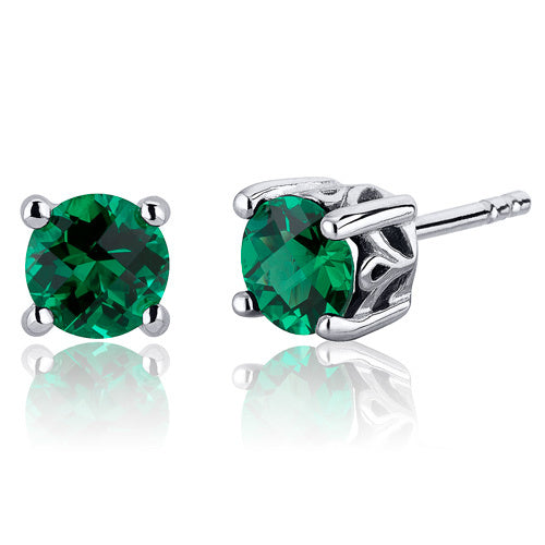 Sterling Silver Round Emerald Scroll Stud Earrings