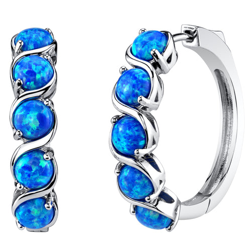 Sterling Silver Azure Blue Opal Hinged Hoop Earrings