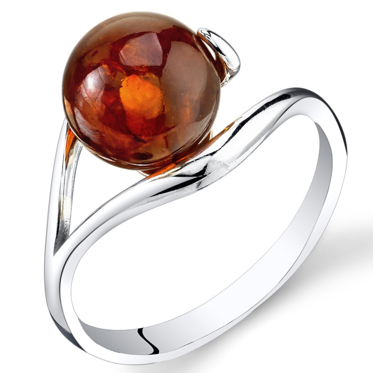 Sterling Silver Geuine Cognac Baltic Amber Spherical Ring