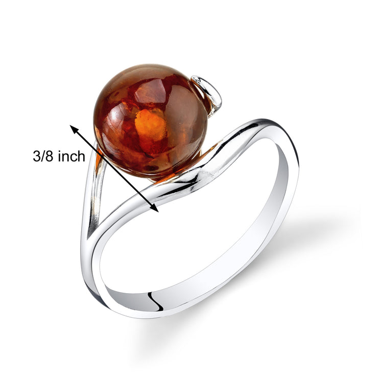 Sterling Silver Geuine Cognac Baltic Amber Spherical Ring