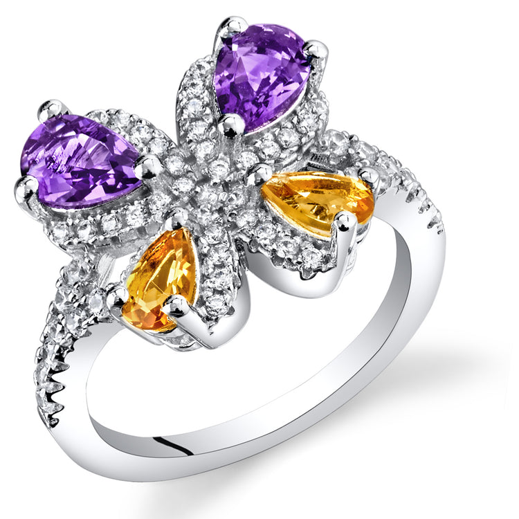 Sterling Silver Genuine Amethyst and Citrine Butterfly Ring