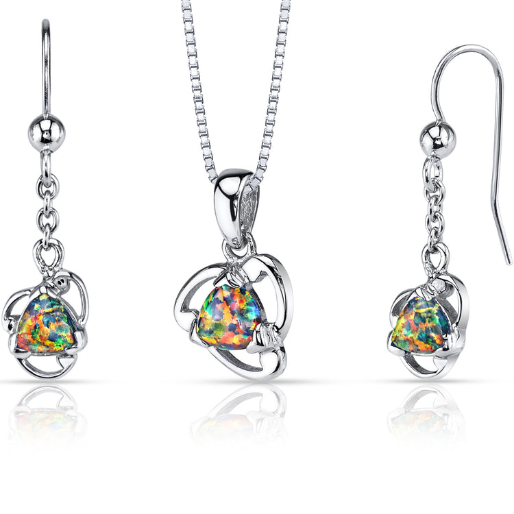 Sterling Black Opal Lily Pendant Earrings & Necklace Set
