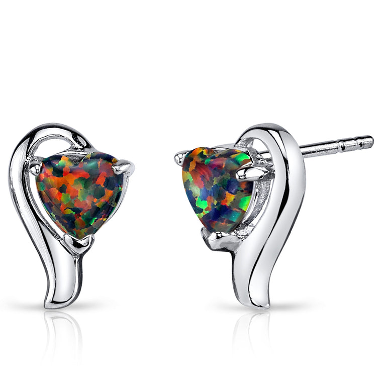 Sterling Silver Heart Shape Blazing Black Created Opal Earrings