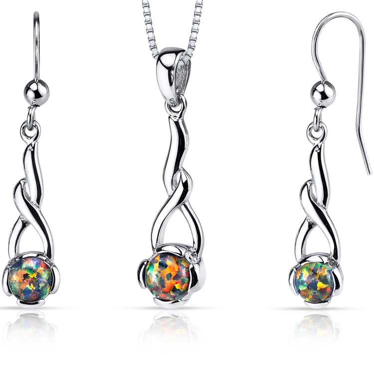 Sterling Silver Blazing Black Created Opal Pendant & Earring Set