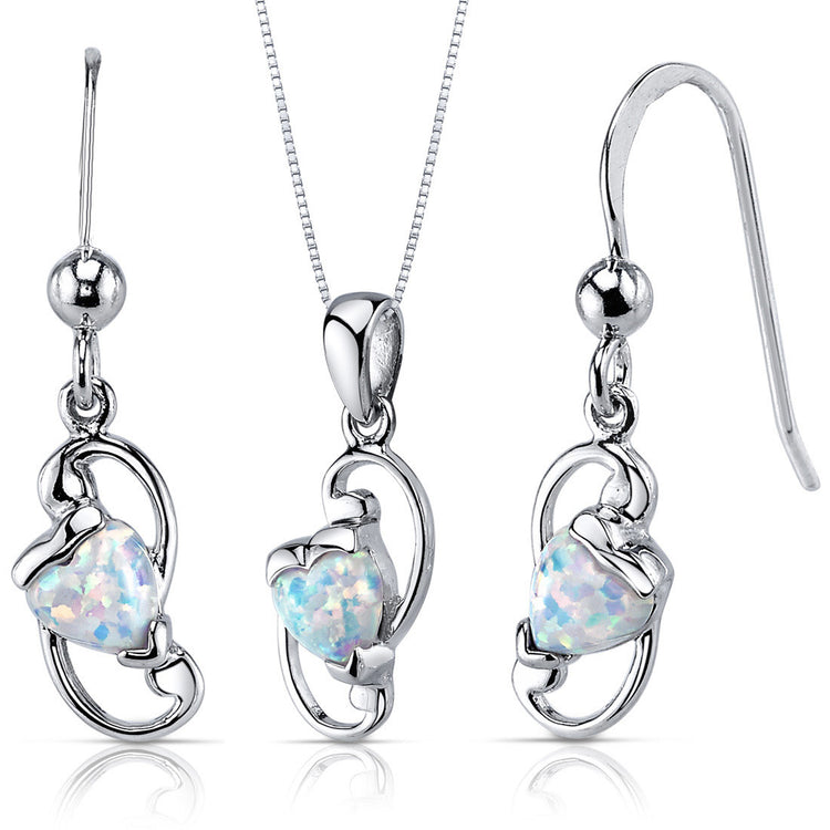 Sterling Silver Heart Shape Created Opal Earring & Pendant Set