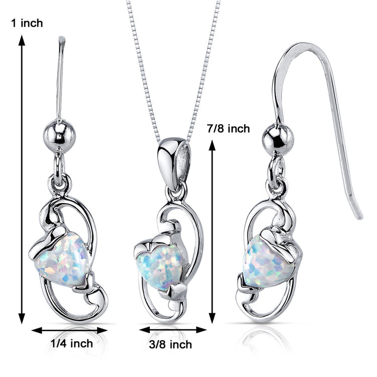 Sterling Silver Heart Shape Created Opal Earring & Pendant Set