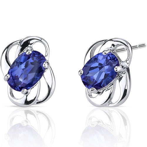 Sterling Silver Oval Shape Created Sapphire Earrings