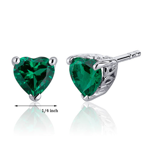 Sterling Silver Heart Shape Created Emerald Earrings