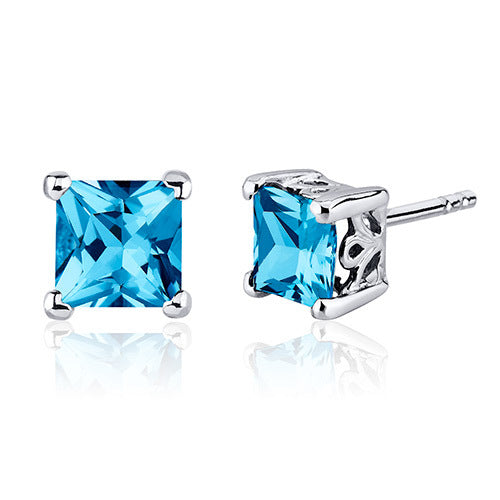 Sterling Silver Princess Cut Genuine Swiss Blue Topaz Earrings