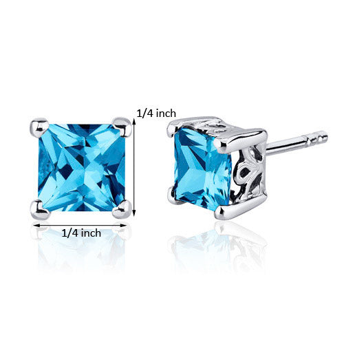 Sterling Silver Princess Cut Genuine Swiss Blue Topaz Earrings