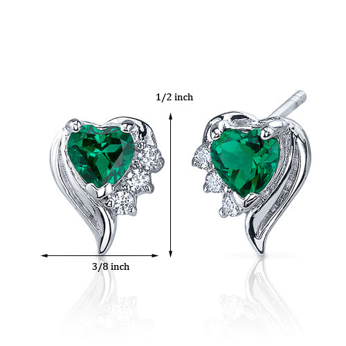 Sterling Silver Heart Shape Created Emerald Earrings