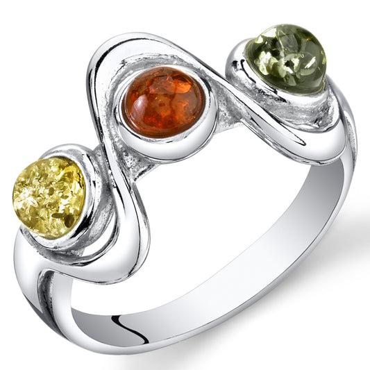 Sterling Silver Three Stone Baltic Amber Squiggle Ring