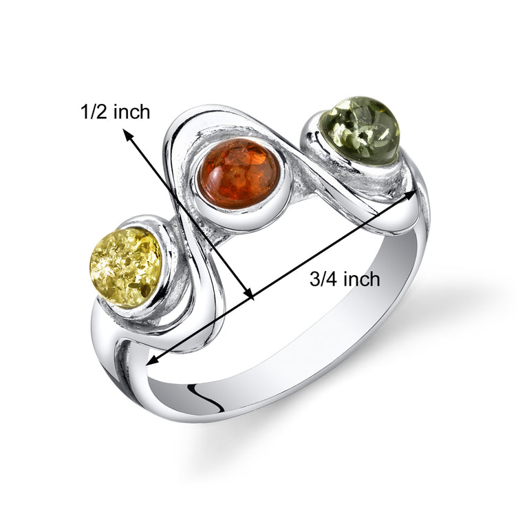 Sterling Silver Three Stone Baltic Amber Squiggle Ring