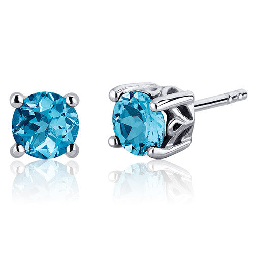 Scroll Design 2.00 Carats Swiss Blue Topaz Round Cut Stud Earrings in Sterling Silver