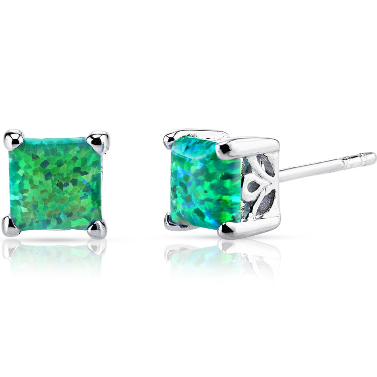 Sterling Silver Princess Cut Absinthe Green Created Opal Earrings