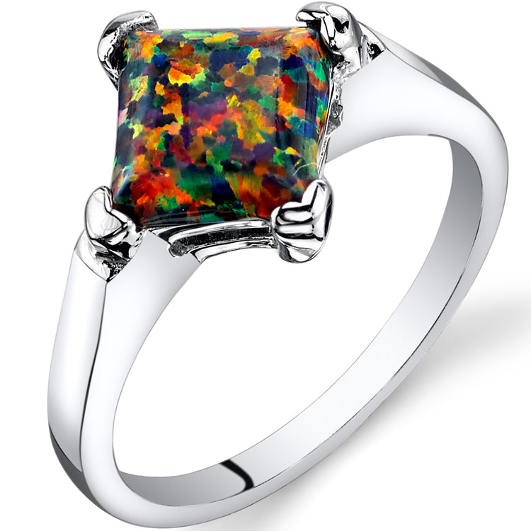 Sterling Silver Princess Cut Blazing Black Opal Ring