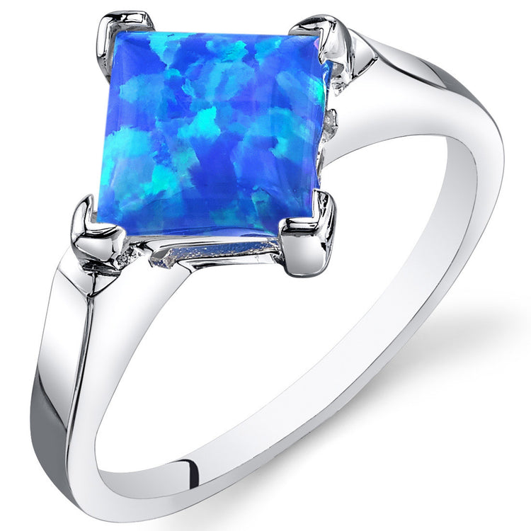 Sterling Silver Princess Cut Azure Blue Opal Ring